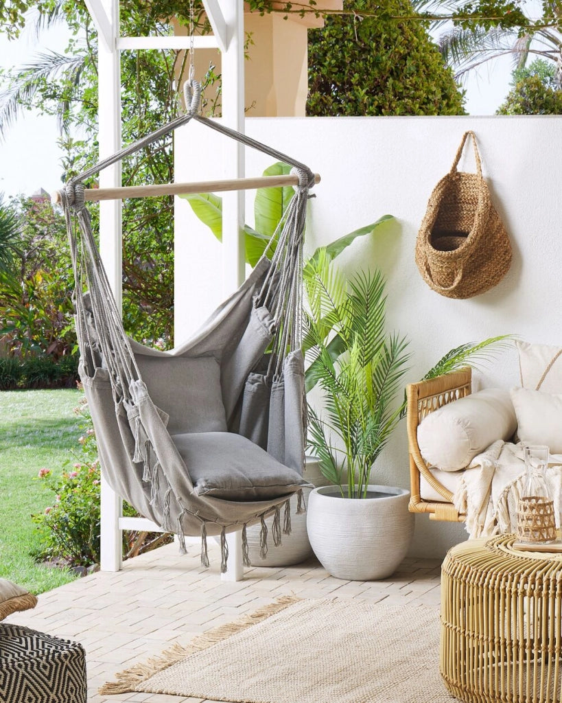 Sedia a dondolo sospesa in cotone grigio chiaro e sedile altalena in poliestere per interni ed esterni in stile boho