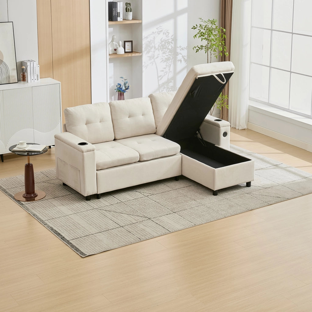 Divano letto angolare 3 posti con contenitore; LED; USB e portabicchieri in tessuto beige