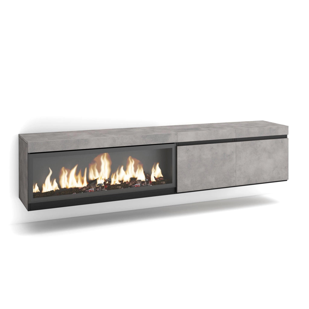 Mobile TV, Soggiorno, 208x35x45cm, Per TV fino a 80", Camino elettrico XXL, da appendere, grigio cemento RF3206