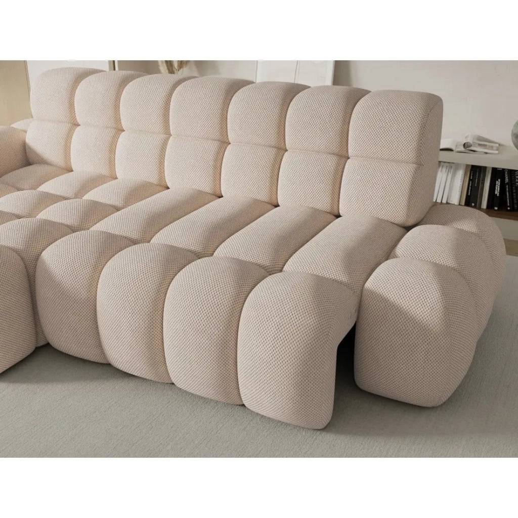 Divano angolare convertibile BULLA 3 posti beige angolo sinistro - tessuto nido d'ape con estensione della seduta elettrica