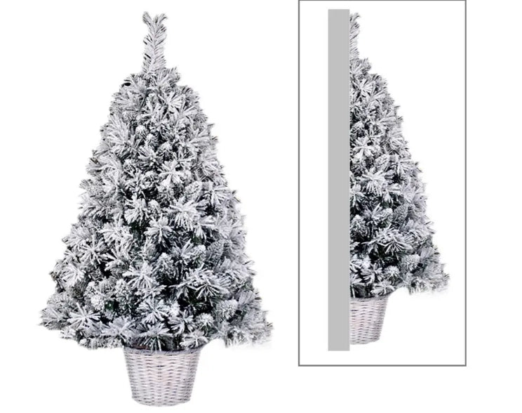Albero di natale a metà da parete innevato basket white h.120 cm con vaso in rattan bianco cm sia per ambienti interni che per esterni 177 rami