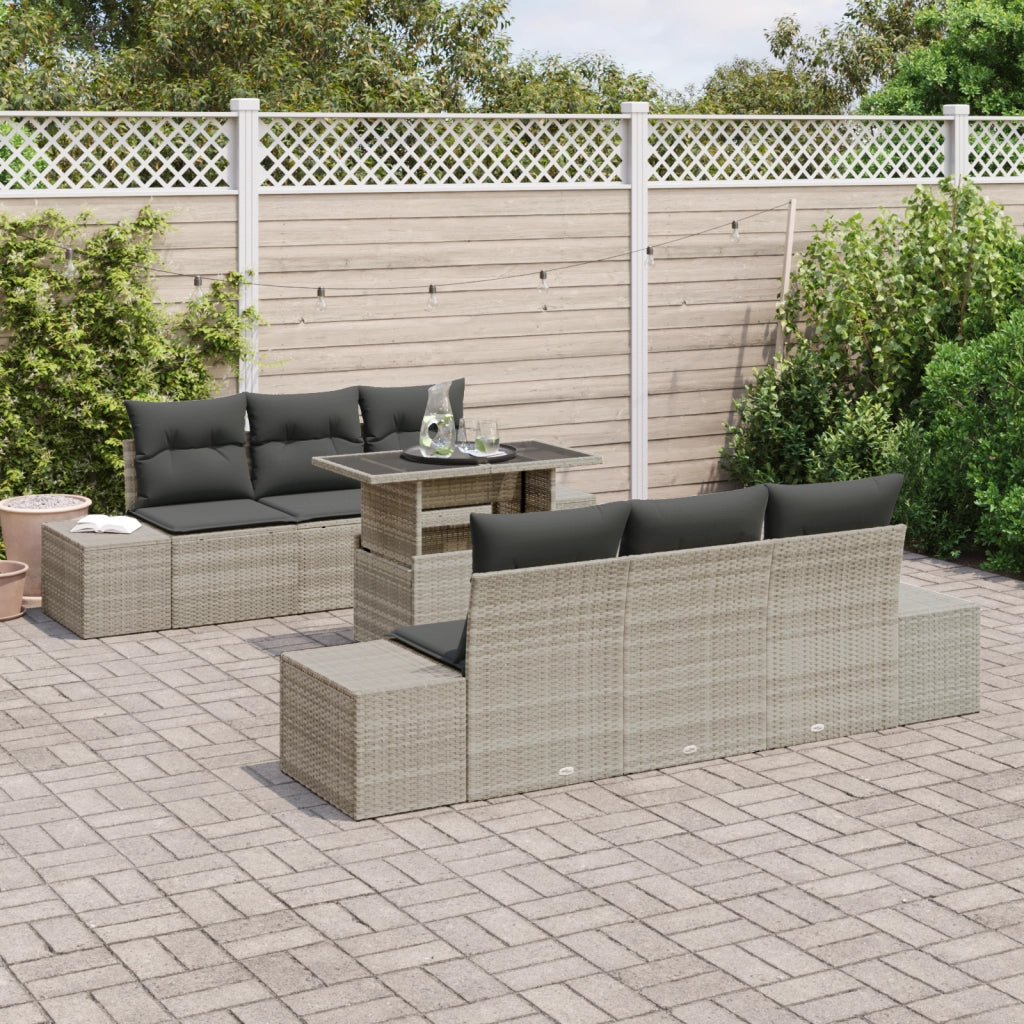 Set divano da giardino di 7 pezzi con cuscini in polyrattan grigio chiaro