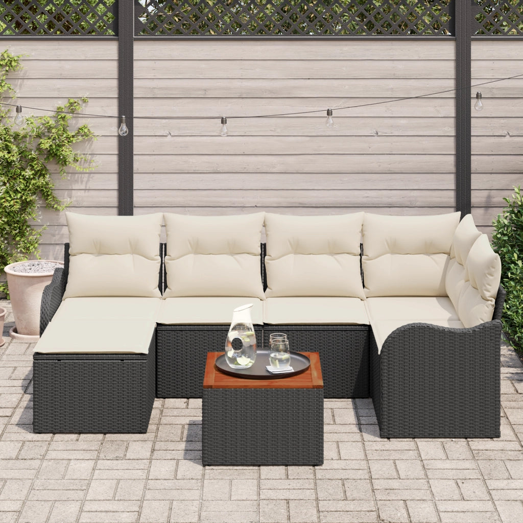 Set Divano da Giardino  da 7 Pezzi con Cuscini Nero Polyrattan Acacia