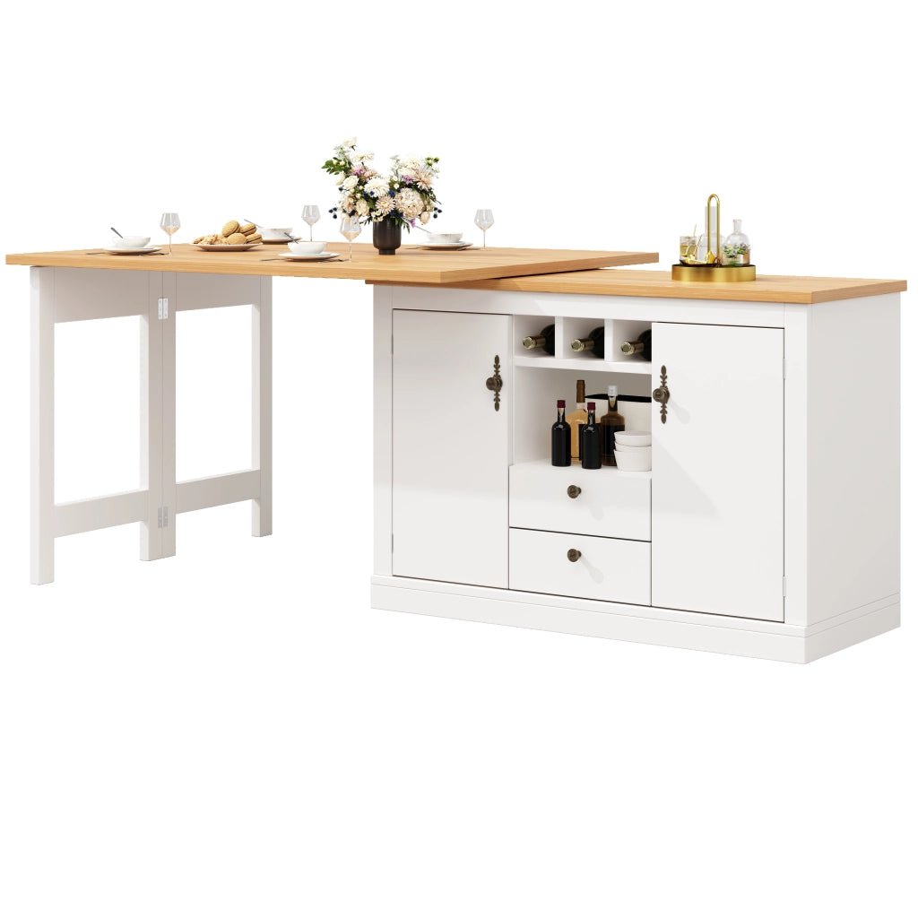 OKWISH Tavolo Consolle Allungabile con Vani Contenitori, Portabottiglie e Ripiani Regolabili, Girevole, in MDF, Naturale e Bianco