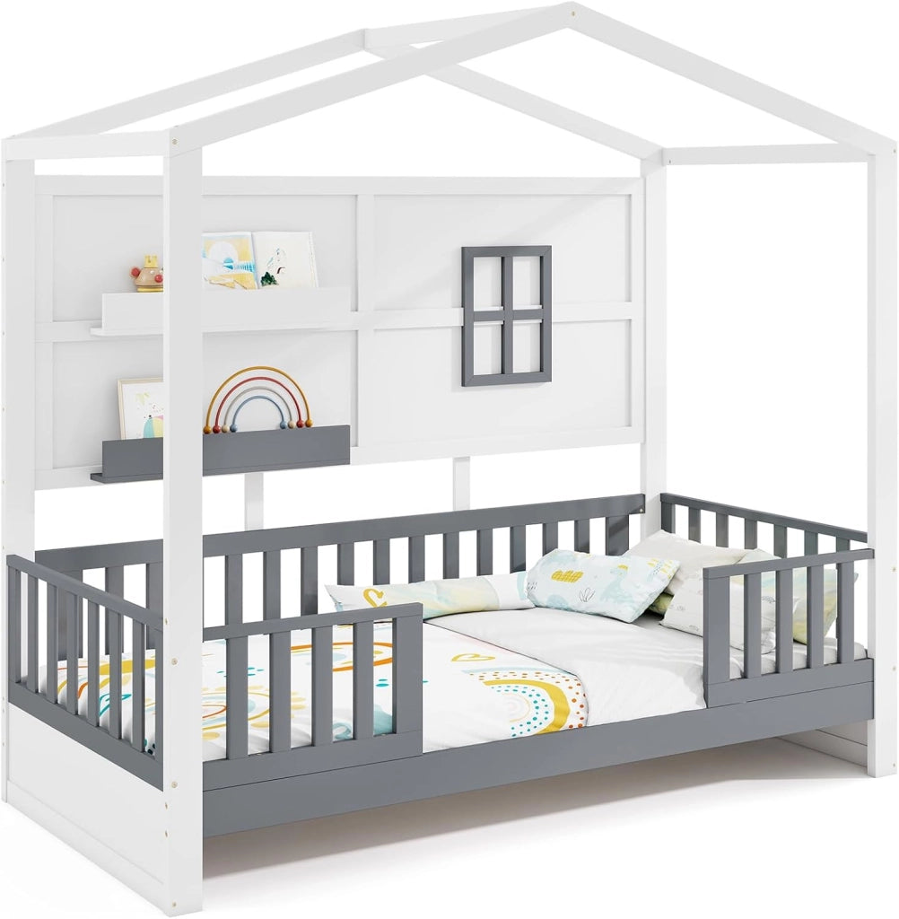 Letto per Cameretta a Forma di Cassetta 90 x 200 cm, per Bambini Struttura di Legno di Pino, Letto Casetta Montessori con 2 Ripiani Mensole e Protezione Anticaduta, Bianco e Grigio