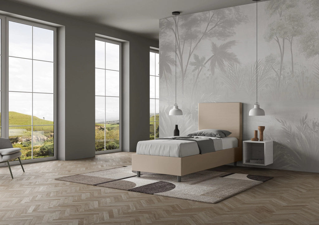 BS COM Letto singolo con rete imbottito 80x200 similpelle tortora