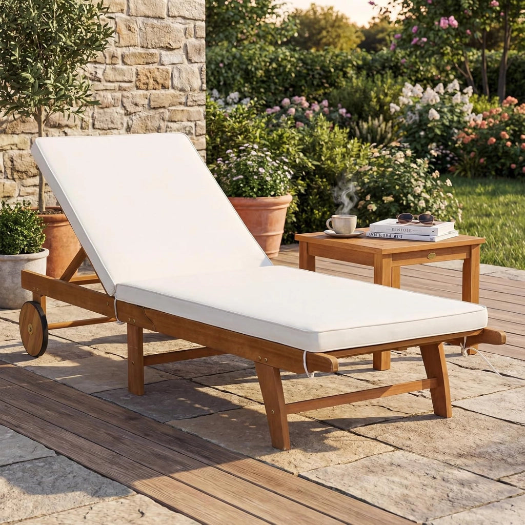 Lettino Prendisole Pieghevole, Lettino da Giardino in Legno di Eucalipto con Ruote e Cuscino, Schienale Regolabile 6 Posizioni, Tessuto Senza Fluoro, per Piscina e Spiaggia, Portata 160 kg (2)