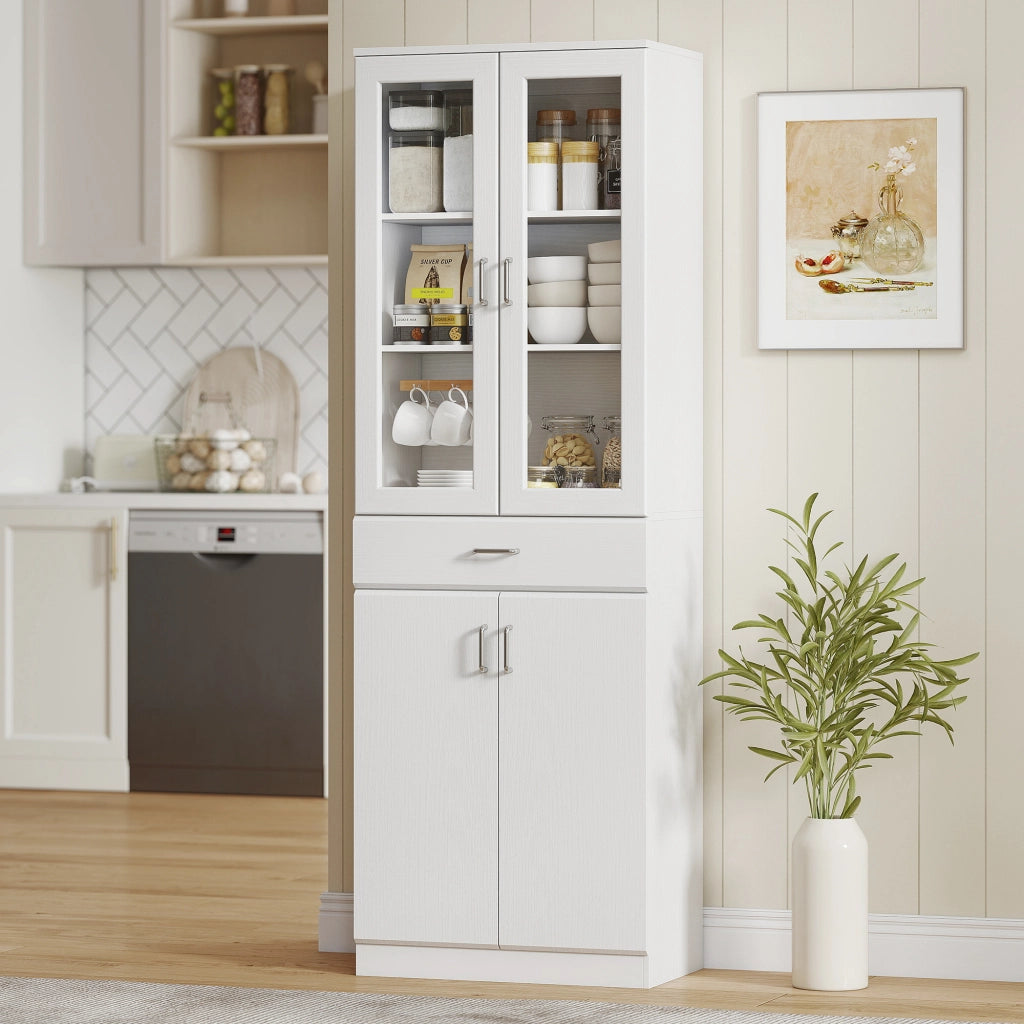 Credenza Cucina ¨C zephmum ¨C 4 Porte 2 Vetro, Cassetti, Bianco, 60x35x180cm