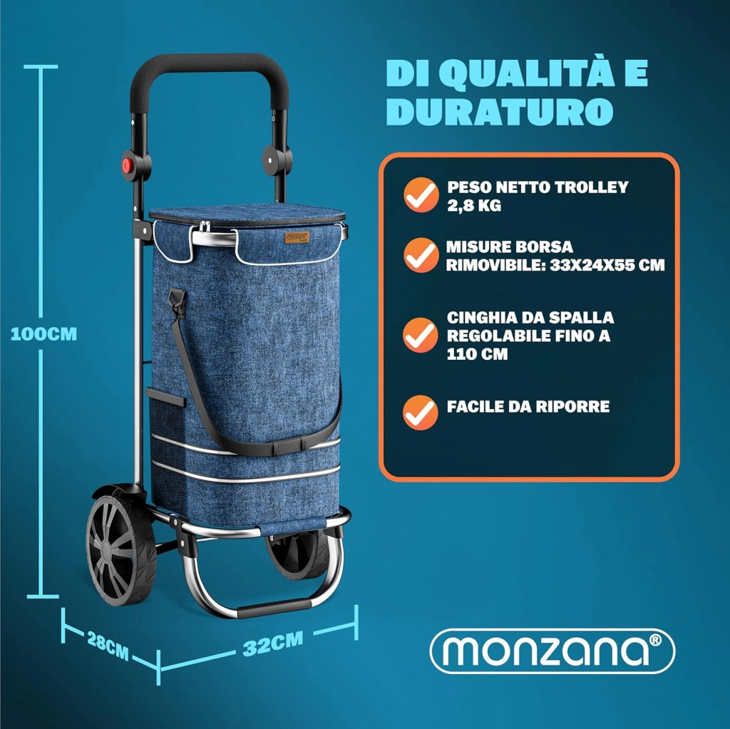 Carrello della Spesa 3in1 56L fino a 50 kg Borsa Pieghevole Rimovibile Carrellino Portaspesa Trolley Blu