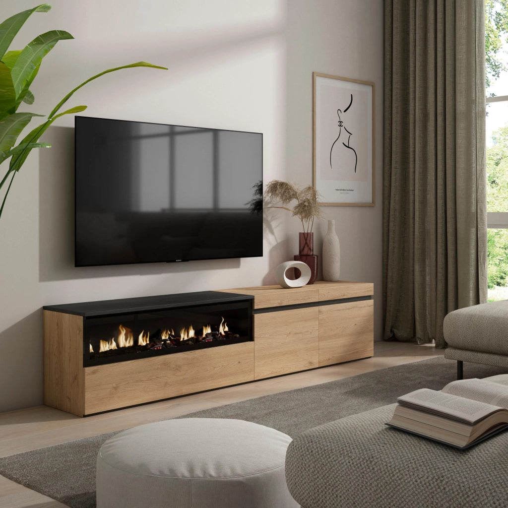 Mobile TV, 200x35x45cm, soggiorno, Per TV fino a 80", Camino elettrico, colore Rovere e nero RF2145
