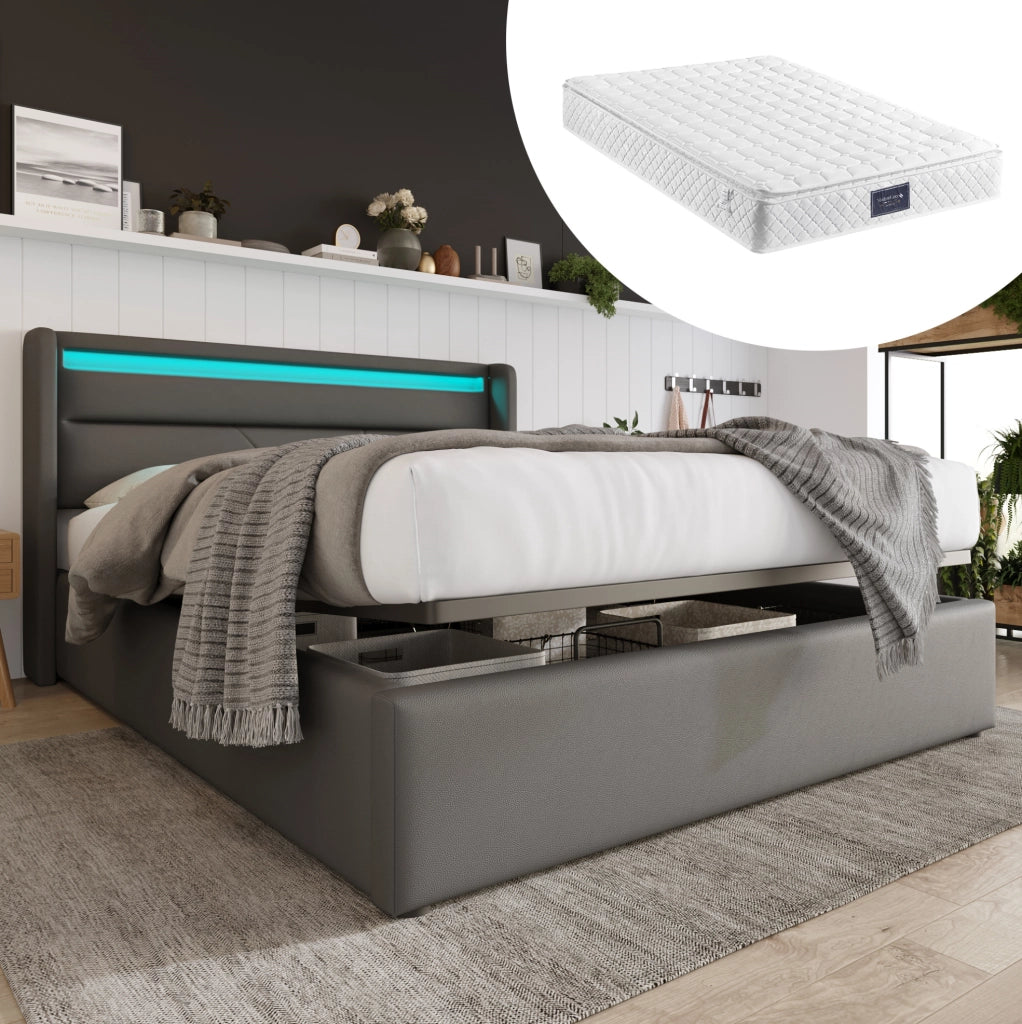 Letto matrimoniale contenitore 140x200 cm in PU grigio con testiera LED e rete sollevabile