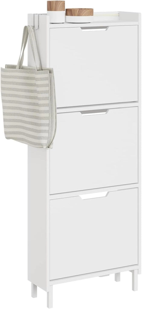 Scarpiera Salvaspazio Slim da Ingresso Mobile Portascarpe con 2 Ante a Ribalta Regolabili in Legno Armadio Scarpiera Alta e Stretta per Corridoio, 50x19x90 cm，Bianco, FSR151-W