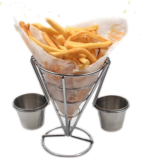 Sostegno per patatine fritte in acciaio con 2 contenitori per salse - Supporto per snack in metallo in piedi