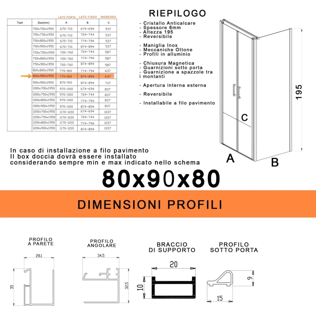 Box doccia saloon tre lati senza profili trasparente 6mm h195 dobla, misura 80x90x80