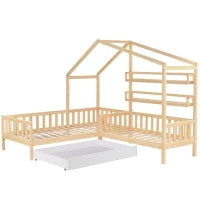 Letto per bambini a forma di casetta con cassetti e scaffali, senza materasso, 90x200 cm + 140x70 cm,naturale