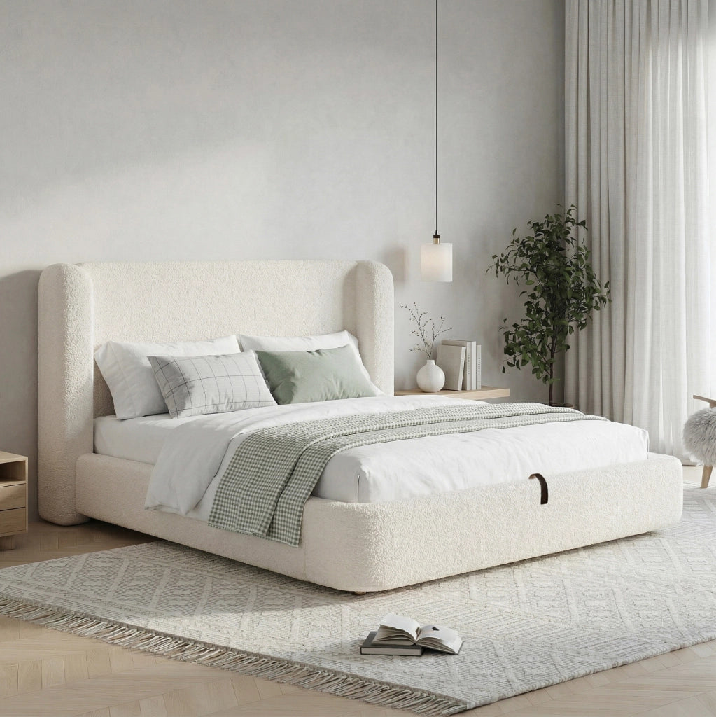 Letto imbottito beige Bouclé con contenitore idraulico