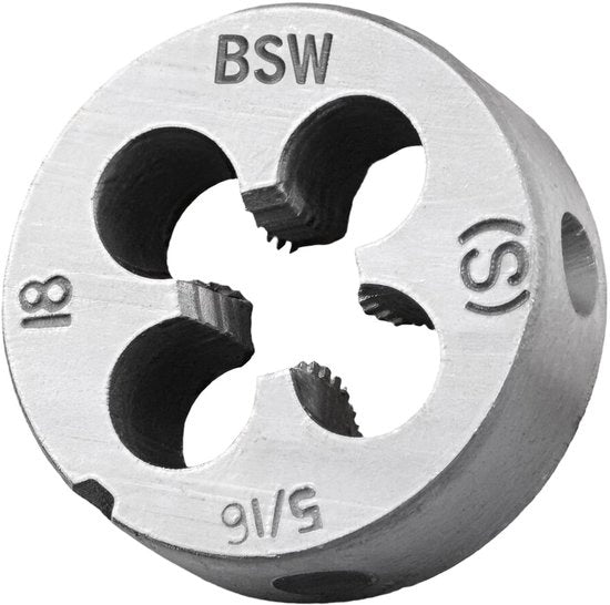 Matrijs per filo per cerchio 5/16"-18 - Acciaio laminato - Matrijs circolare - Rotazione a destra - Resistente allo sfregamento - 4 fori - 25 mm di diametro esterno - Matrijs a vite per filo