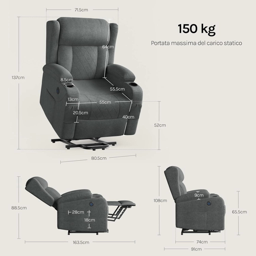 Poltrona Elettrica Reclinabile, Sedia Massaggiante con Alzapersone, Riscaldamento, Poggiapiedi, Tasche Laterali, Porta USB, Portabicchieri, per Soggiorno, Tessuto Spugna, Grigio, SKS61gr