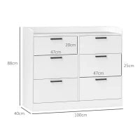 Cassettiera 6 Cassetti in Legno con Bordi Rialzati e Maniglie a U, 100x40x88 cm, Bianco