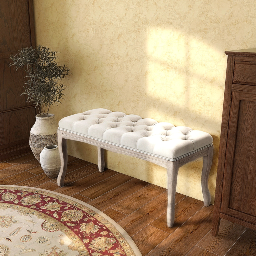 Panca imbottita vintage ¨C Xylo ¨C tessuto beige, gambe legno, 110x40x48cm