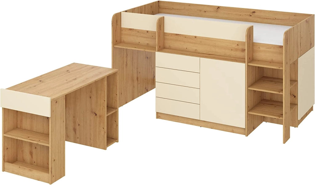 LETTO MOBILE CASSETTIERA CON SCRITTOIO SMILE P 204x 112x112cm LATO DESTRO ROVERE CREMA