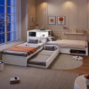 Letto singolo 90 × 200 cm con letto estraibile, contenitore con ante scorrevoli et luce notturna LED, senza materasso, bianco