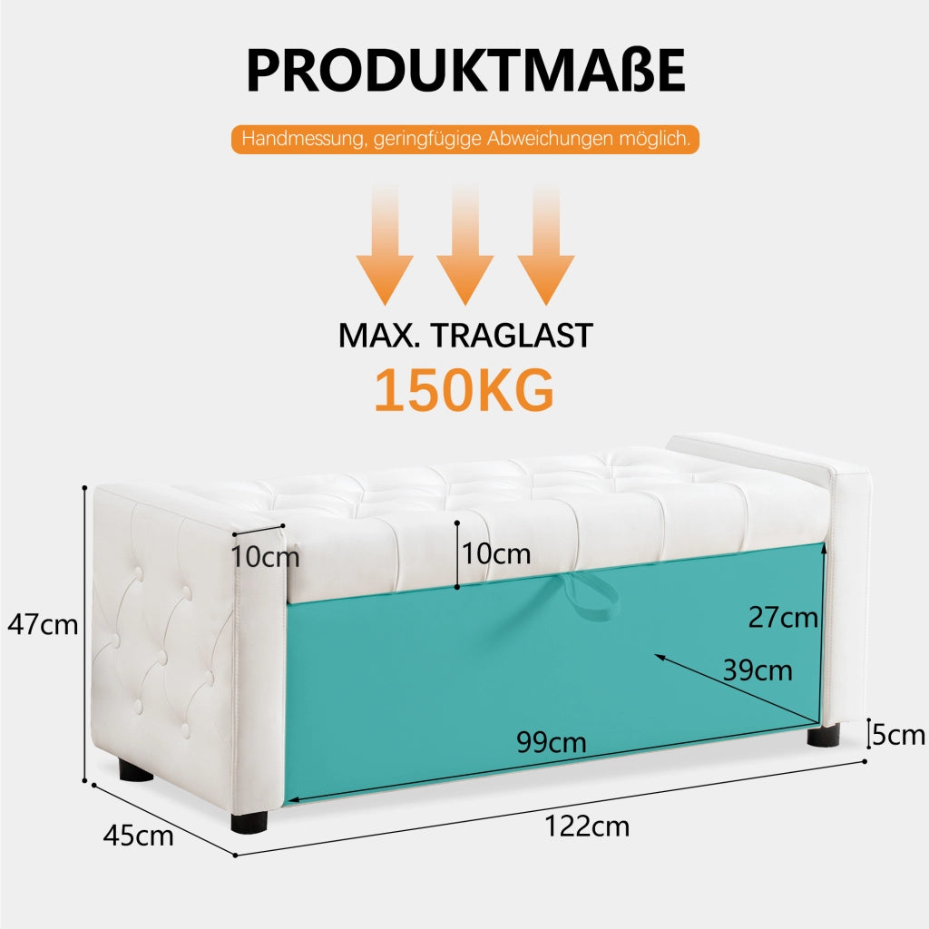 Panca contenitore rettangolare con seduta imbottita e vano portaoggetti, in legno e tessuto bianco 122 × 45 × 47 cm
