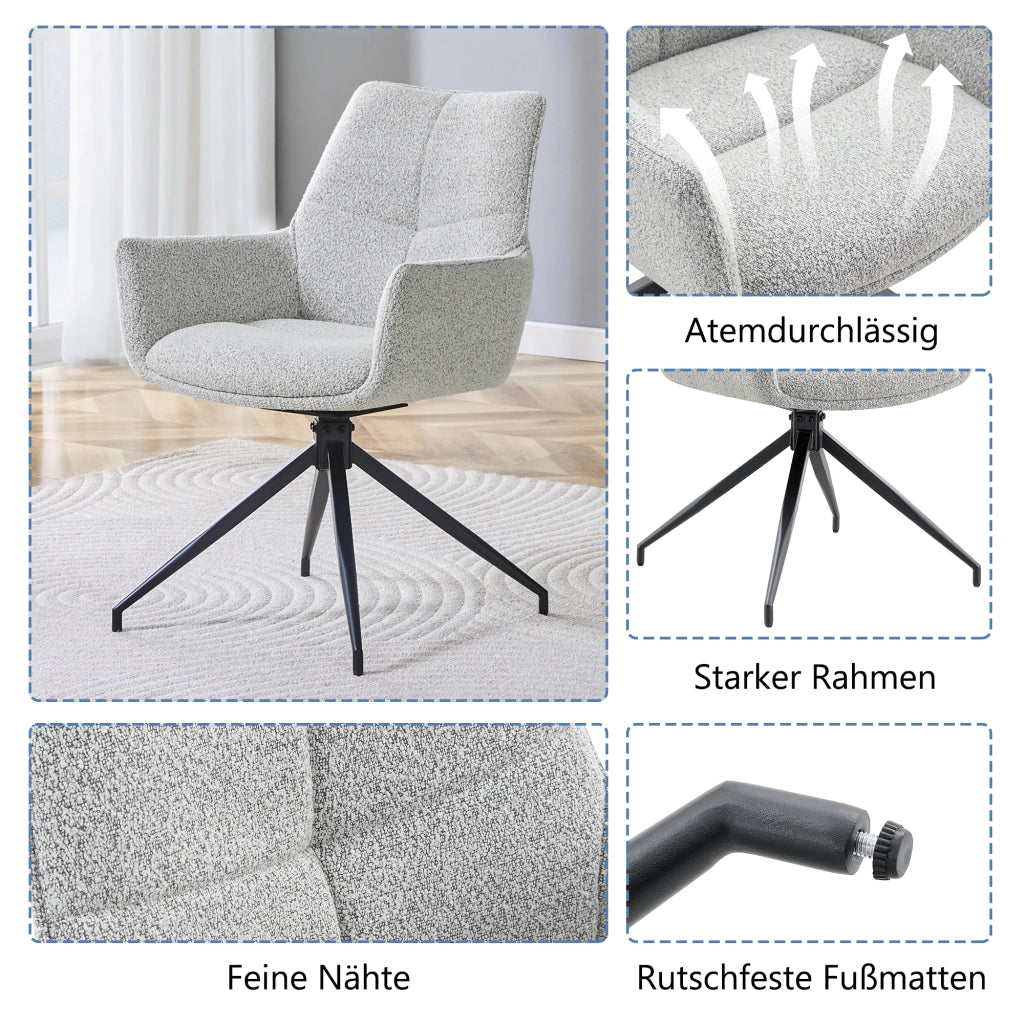 SEDIA Girevole 360° in Tessuto Grigio Chiaro e Metallo Nero