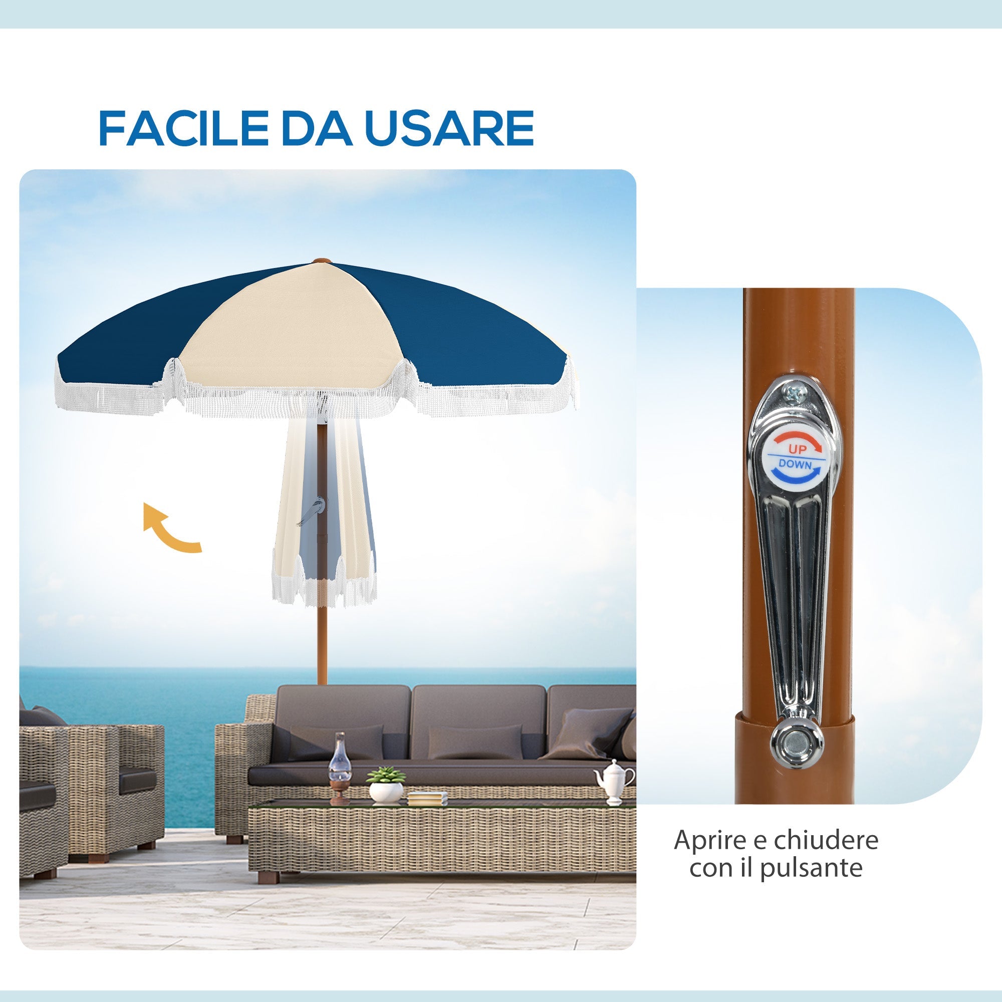 Ombrellone da Giardino Inclinabile Ø213x234 cm a 8 Stecche con Manovella Blu e Beige