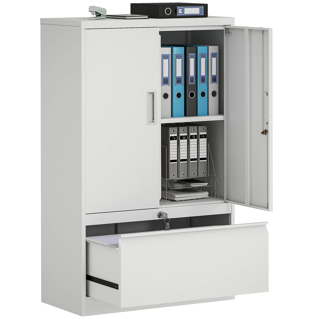 Mobile da Ufficio in Acciaio con Ripiano Interno Regolabile e Cassetto, 80x40x130 cm, Bianco