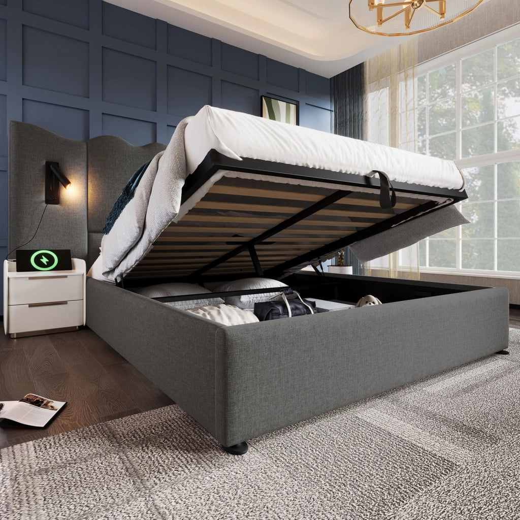 Letto Contenitore Matrimoniale 160x200 cm; USB; Type-C e Lampada da Lettura in Lino Grigio