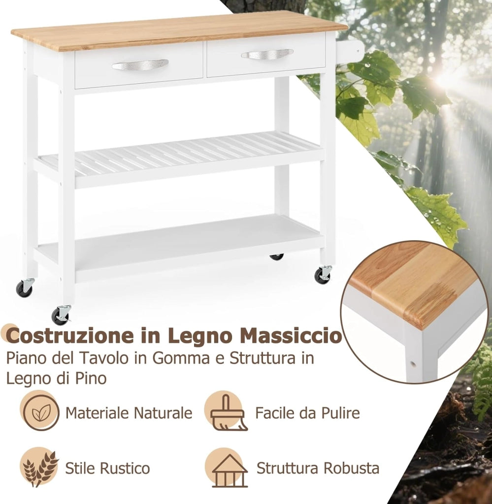 Carrello da Cucina con Ruote Multiuso, Mobile Cucina Salvaspazio in Legno, con 2 Cassetti e 2 Ripiani Aperti, Credenza per Sala da Pranzo, 116 x 43 x 89 cm (Bianco)