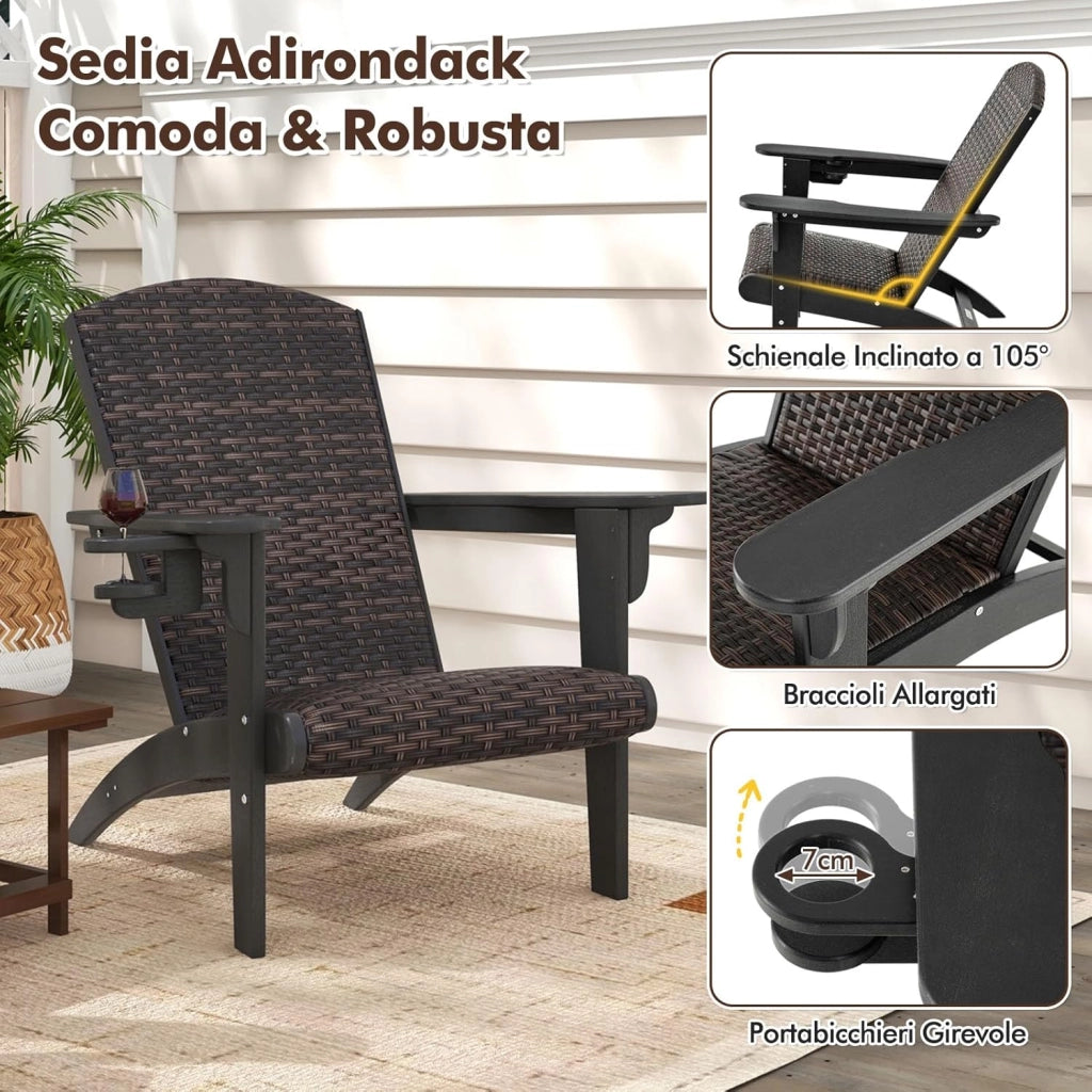 Sedia Adirondack da Giardino, Sedia da Lounge HDPE con Sedile e Schienale Imbottiti in Rattan, Porta Tazza Nascosto, Poltrona per Esterno Giardino Prato, Portata 150 kg (Nero)