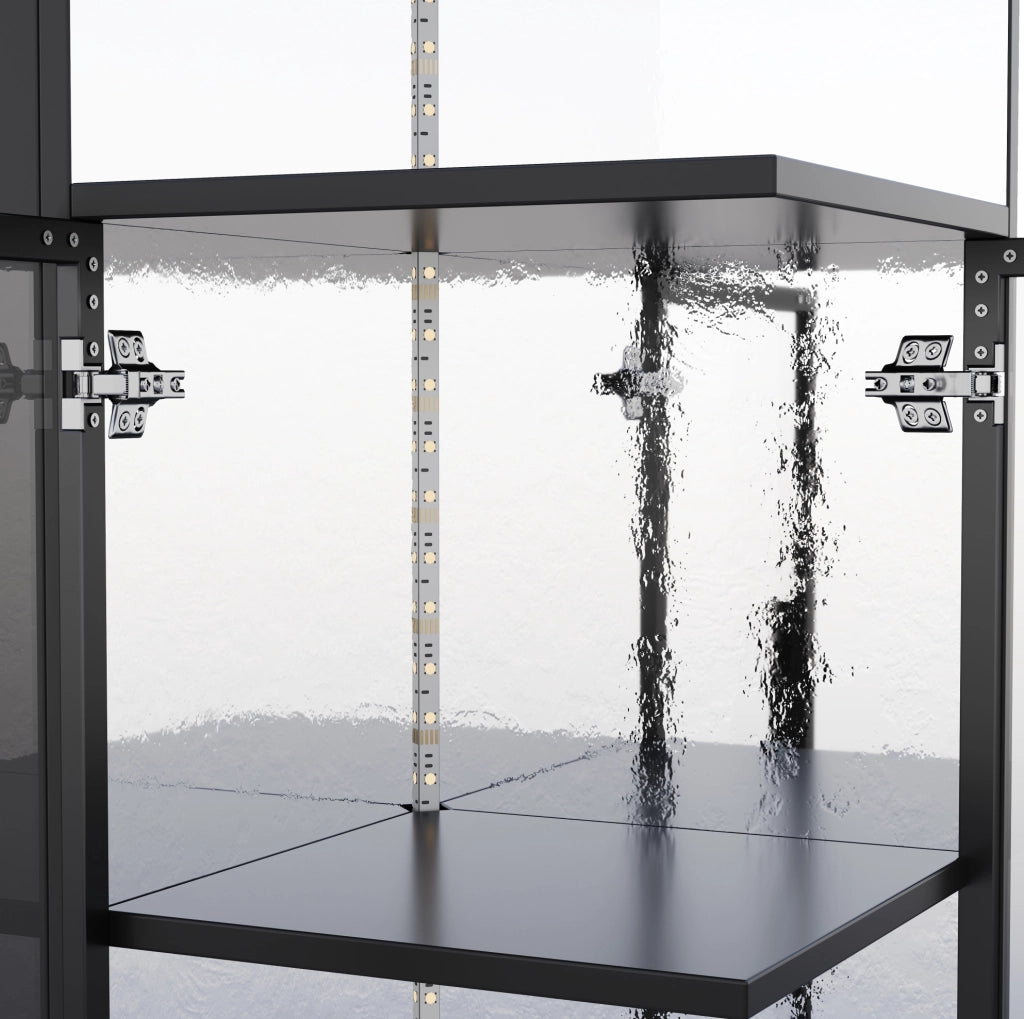 Vetrina 64x42x112 cm con LED multicolore e mobile laterale estraibile; vetro e truciolare nera