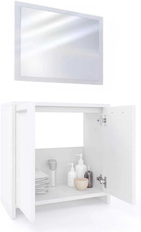 Set mobili bagno Kiko, Bianco, 58 cm, composto da specchio da bagno e mobile sottolavabo