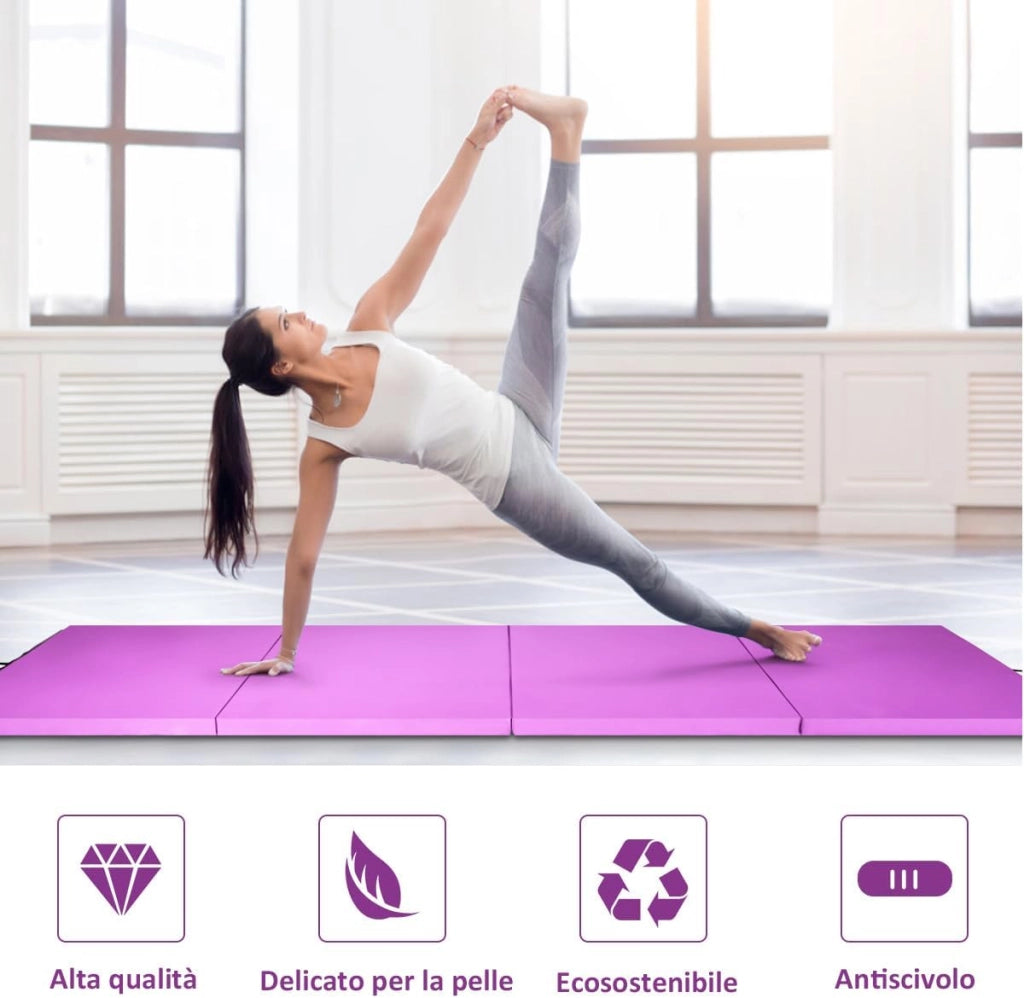 Tappettino da Ginnastica Pieghevole 240 x 116 x 5 cm, Tappetto Palestra da Terra con Maniglie Portatile, Materassino da Allenamento per Fitness e Yoga