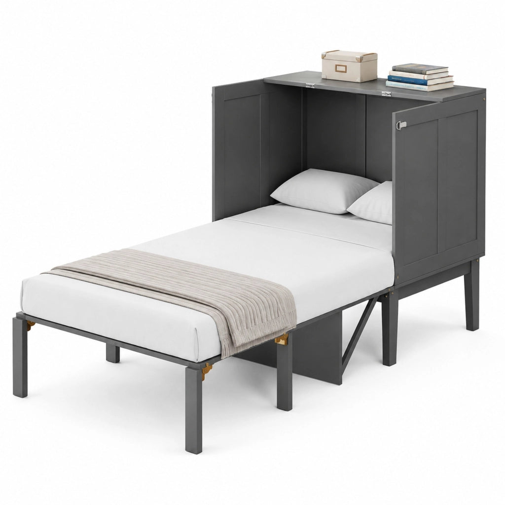 Letto a scomparsa verticale 90x200 cm grigio; struttura salvaspazio in legno