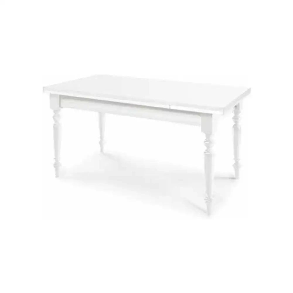 Tavolo da pranzo con apertura a libro fino 200 cm e gmabe tornite in legno massello e mdf con rifinitura in bianco 100x100x75 H chiuso