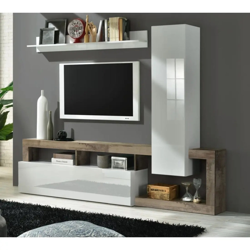 Set mobili soggiorno con contenitori 220 cm, collezione BURA, bianco lucido/rovere chiaro