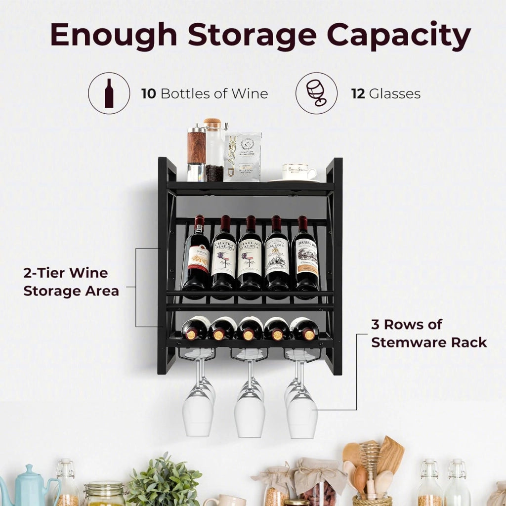 Scaffale Per Vino a Parete Con Supporto In Vetro, Per 10 Bottiglie Di Vino e 12 Bicchieri Da Vino, Mensola Da Parete, Scaffalatura Da Parete Industriale Sospesa, 51 x 26,5 x60,5 cm