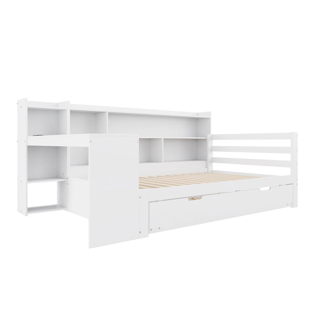 LETTO multifunzione 90x200 cm in legno massello bianco con scrivania e scaffali