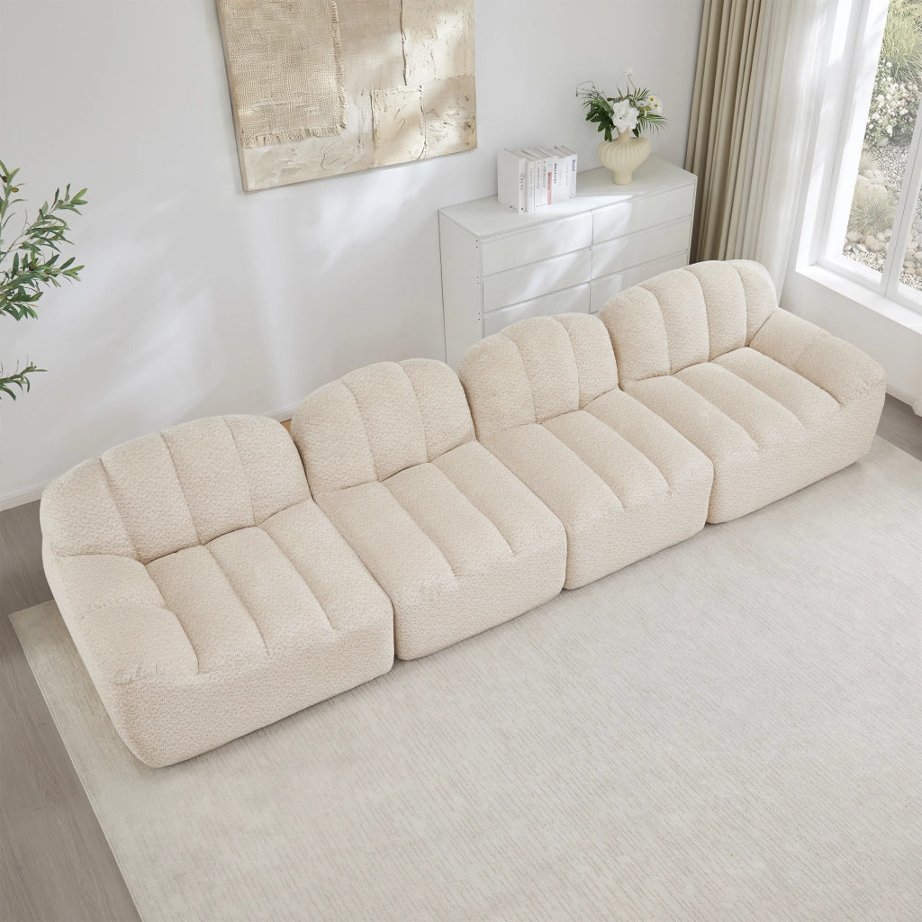 Divano modulare 4 posti senza struttura con seduta profonda e schienale ergonomico in pile granulato beige bianco