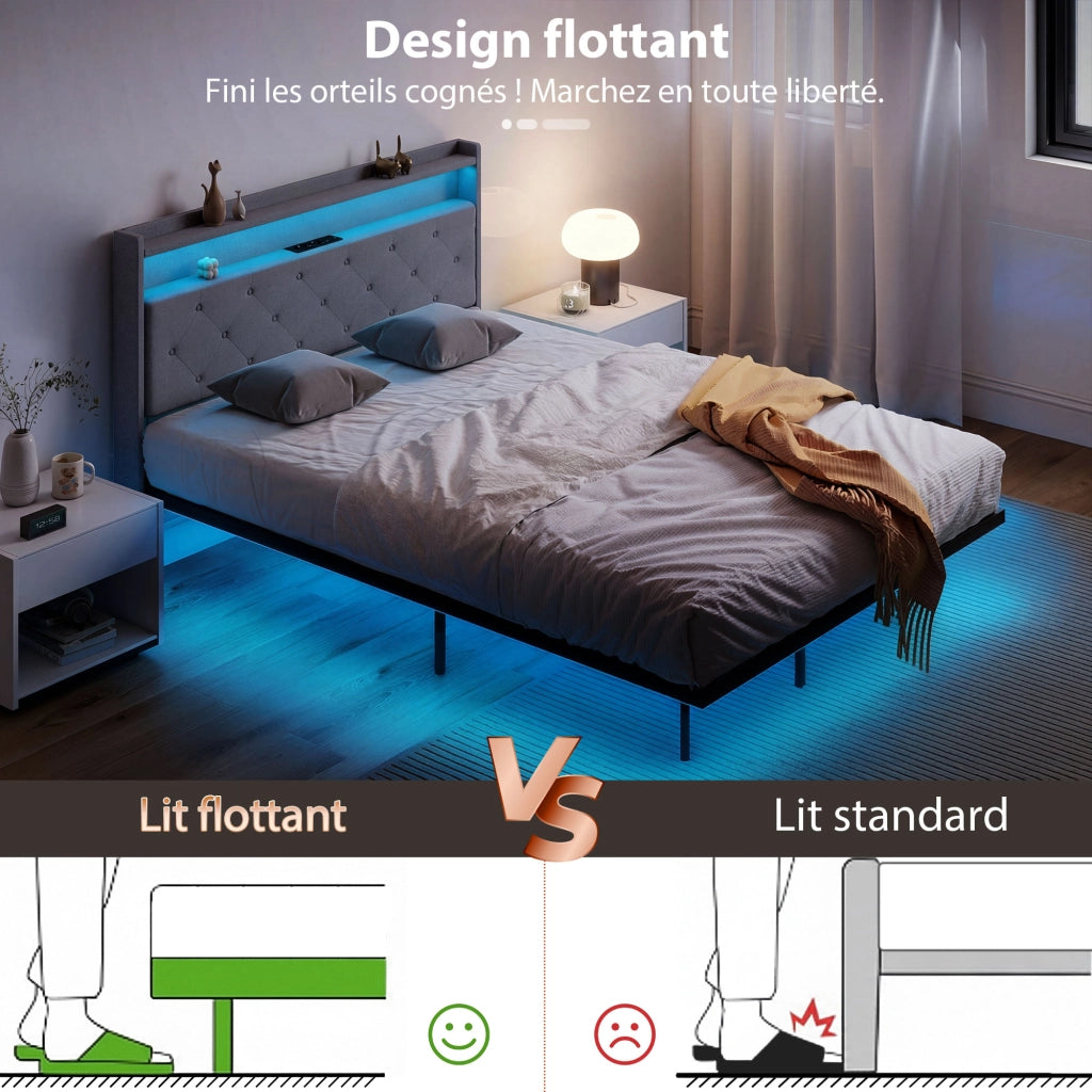 Letto Matrimoniale con Luci LED e Stazione di Ricarica ¨C Zephmum ¨C Grigio 140x190 cm