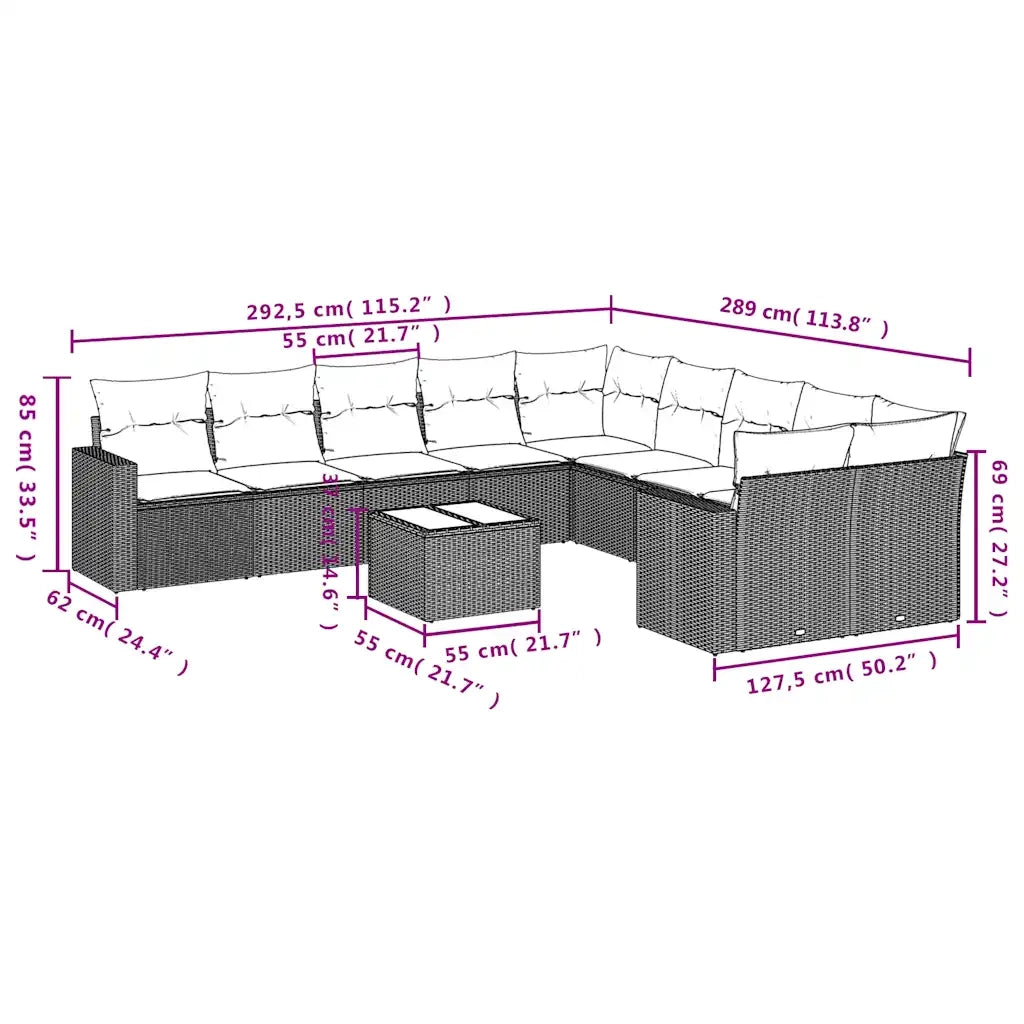 Set Divani da Giardino 11 pz con Cuscini in Polyrattan Nero 3219507
