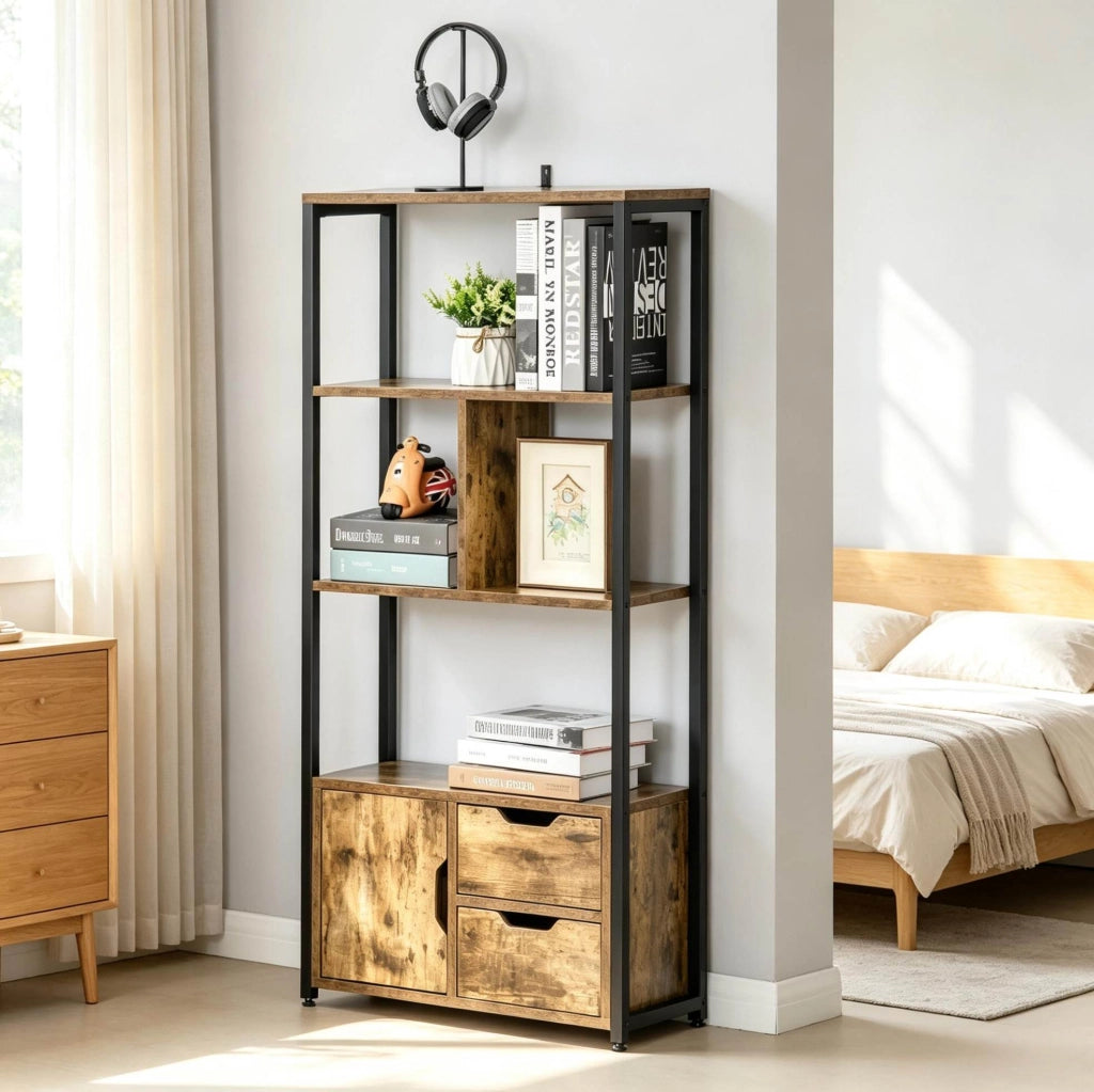 Libreria 58x24x122 cm nera e legno antico, acciaio con mobile e 2 cassetti