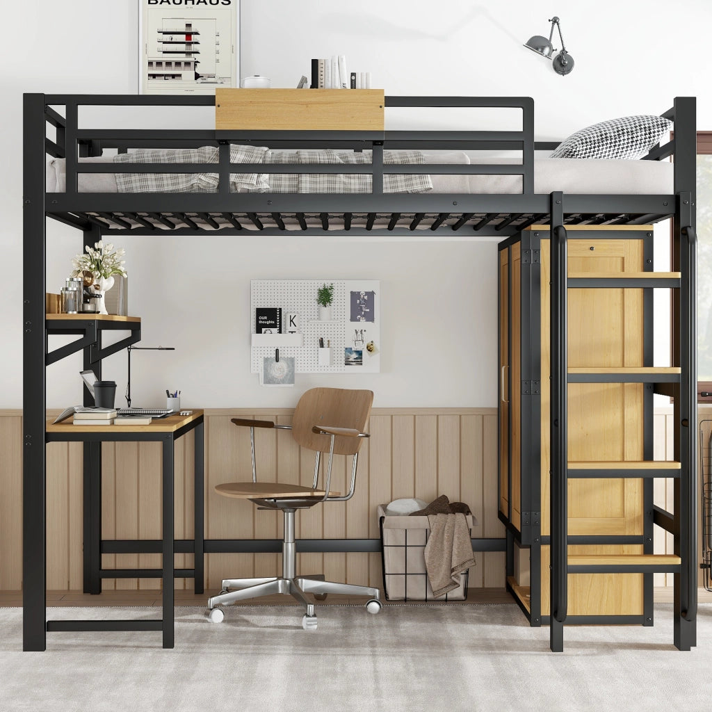 Letto a Soppalco 90x200 cm - Armadio a 2 Ante; Scrivania; Scaffale e Scala - Nero