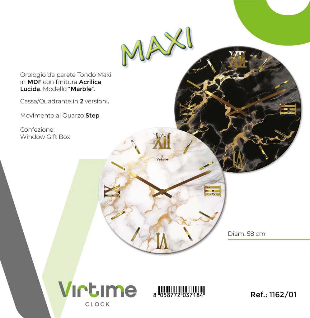 1 Pezzo Orologio da Parete in Legno MDF Marble Acrylic 58 cm 2 Colori