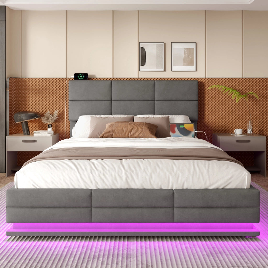 Letto 180x200 cm con contenitore; LED e USB in velluto grigio scuro