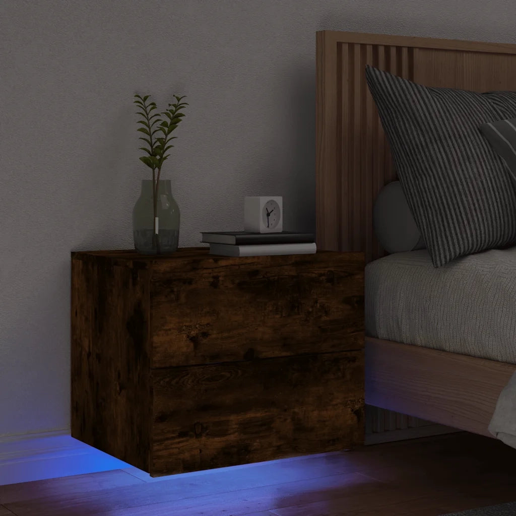 Comodino a Parete con Luci LED-Tavolino da notte sospeso Rovere Fumo 826150