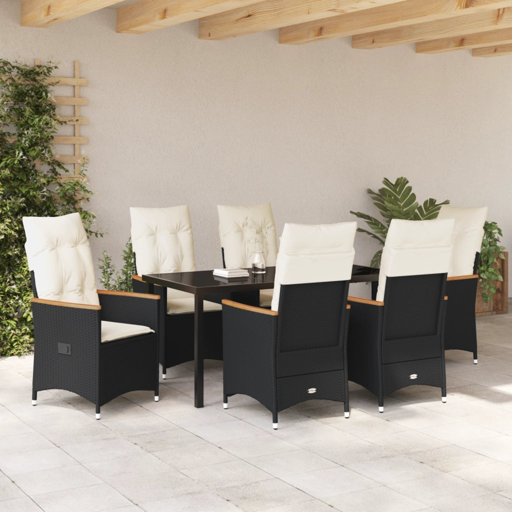 Set da Pranzo da Giardino 7 Pezzi con Cuscini in Polyrattan Nero